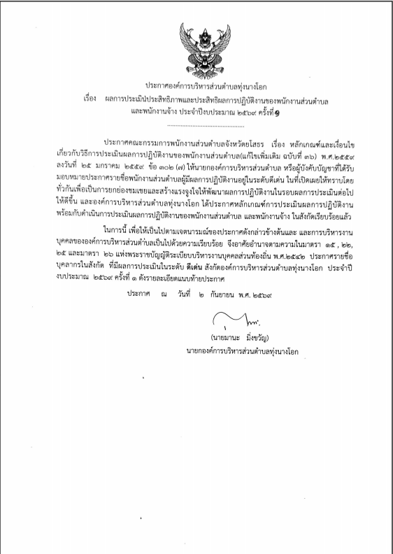 ประกาศ เรื่อง ผลการประเมินประสิทธิภาพและประสิทธิผลการปฏิบัติงานของพนักงานส่วนตำบล และพนักงานจ้าง ประจำปีงบประมาณ 2569 ครั้งที่ 1